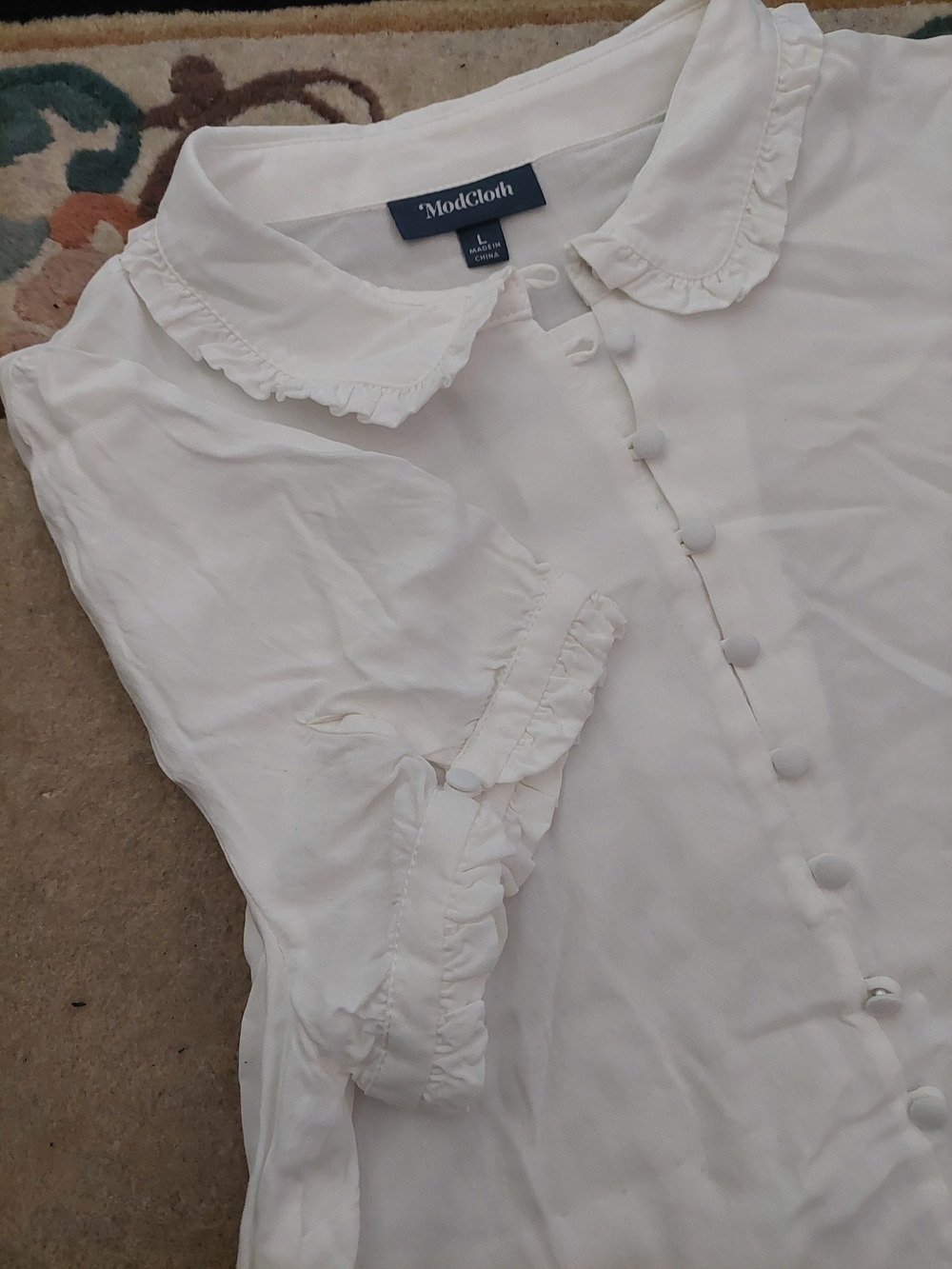 Modcloth White Button-Front Ruffle Collar Blouse - Picture 3 of 5